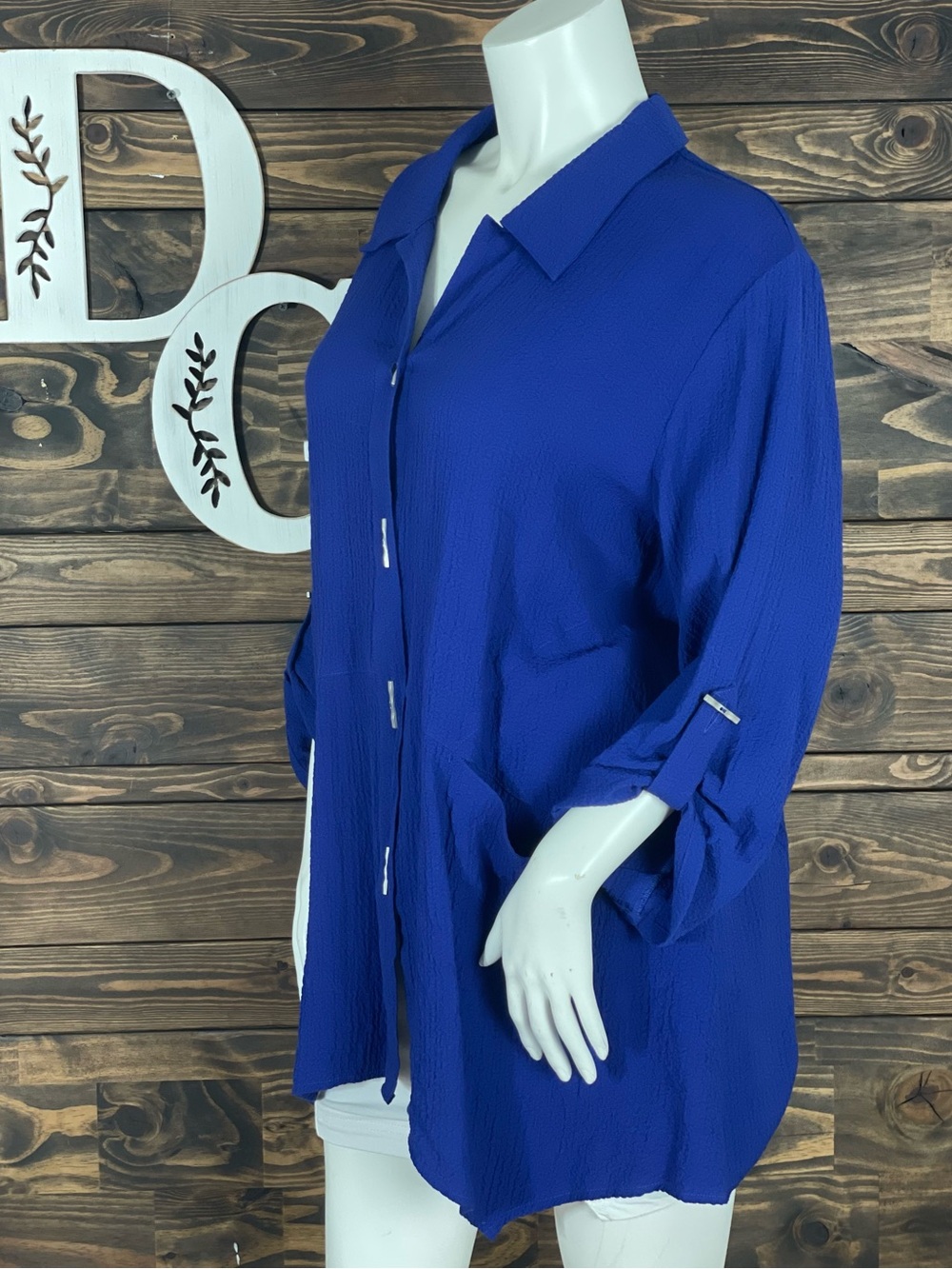 Soft Surroundings | Cobalt Blue Button-Front Collard Tunic Top Hanky Hem Silver - Picture 2 of 6